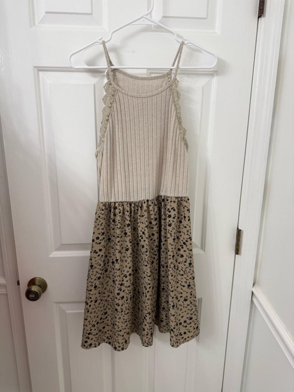 SHEIN Cream Ribbed Tank Top with Tan Floral Skirt Dress